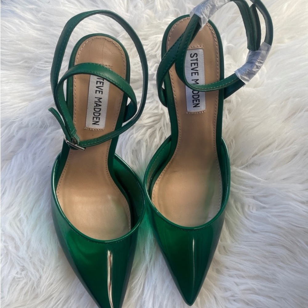 In search of green patent, Steve Madden, sling back pointy toe heels